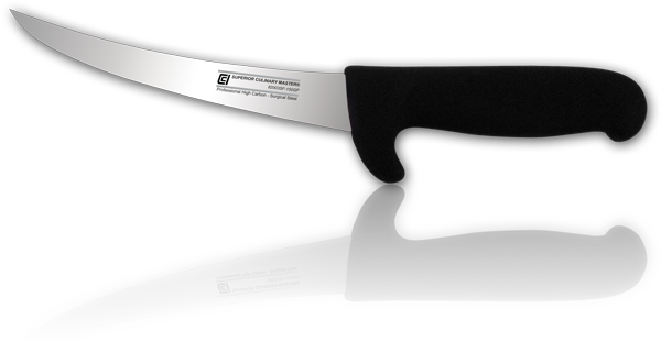 6" Curved Boning Knife, Semi-flex Blade, Black Guarded Nylon Handle